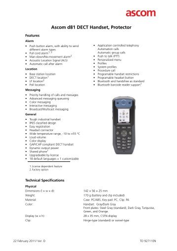 Data Sheet, Ascom d81 DECT Handset, Protector, TD 92711EN