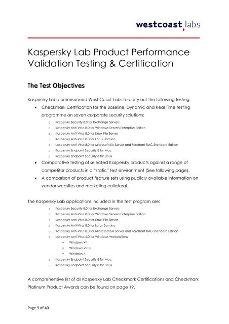 Platinum Product Test Report Kaspersky Lab Anti ... - West Coast Labs