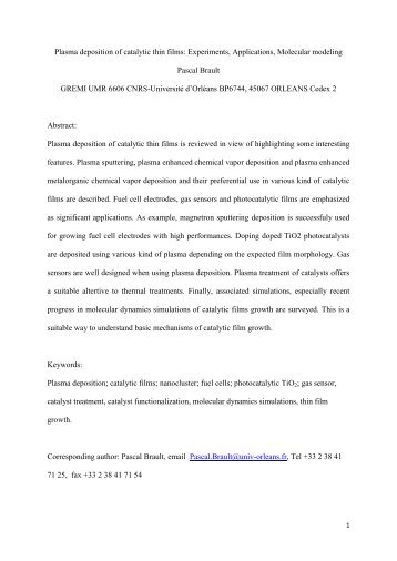 Plasma deposition of catalytic thin films: Experiments ... - Brault, Pascal