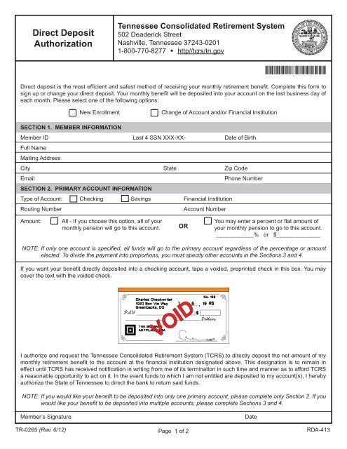 Direct Deposit - Tennessee Department of Treasury - TN.gov