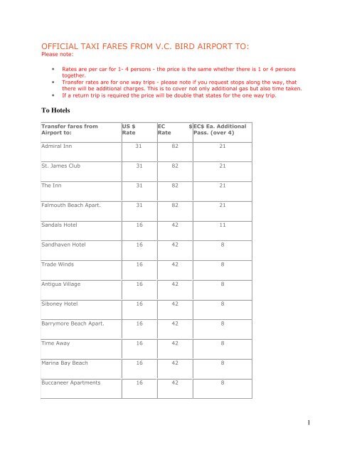 official taxi fares from vc bird airport to - Antigua Nice Ltd.
