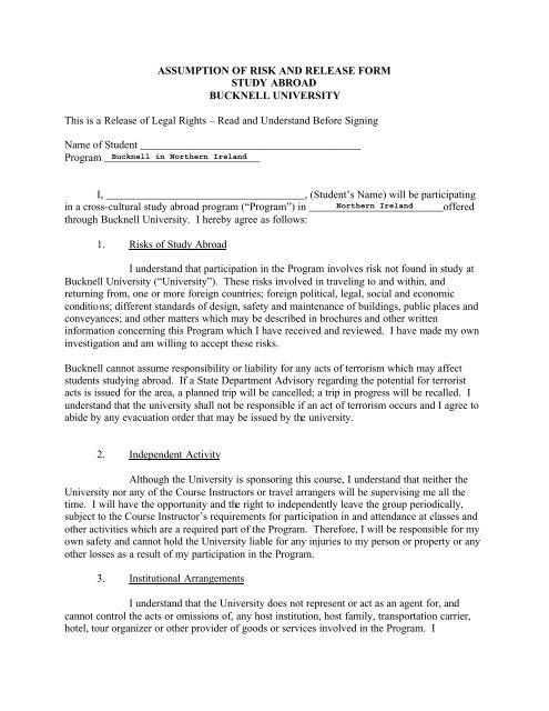 ASSUMPTION OF RISK AND RELEASE FORM STUDY ABROAD ...