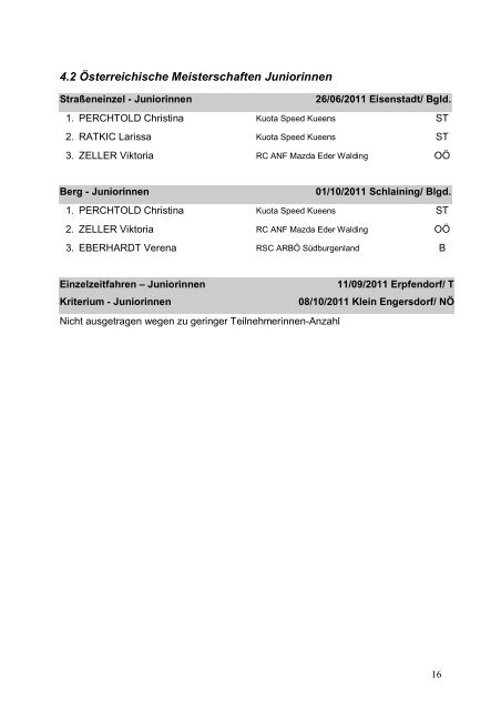 Jahresbericht 2011 Straße U17 - Österreichischer Radsport-Verband