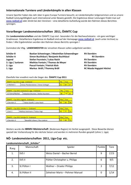 Jahresbericht 2011 Straße U17 - Österreichischer Radsport-Verband