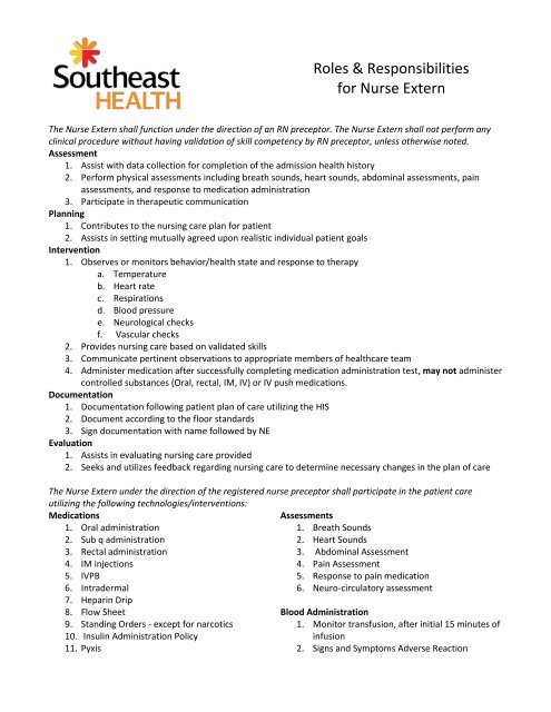 Roles & Responsibilities for Nurse Extern