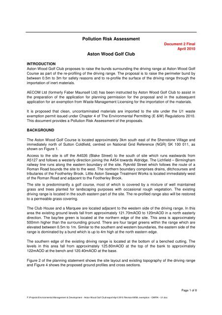 Pollution Risk Assessment Aston Wood Golf Club