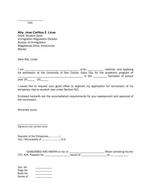 Letter of Application for Visa - University of San Carlos