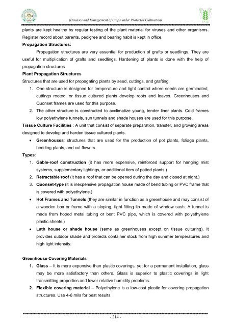 Diseases and Management of Crops under Protected Cultivation