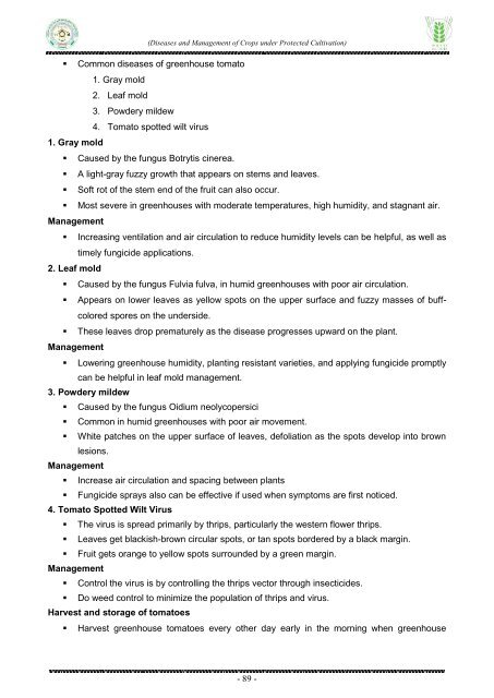 Diseases and Management of Crops under Protected Cultivation