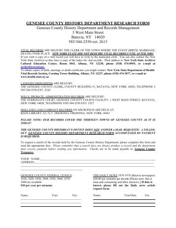 GENESEE COUNTY HISTORY DEPARTMENT RESEARCH FORM