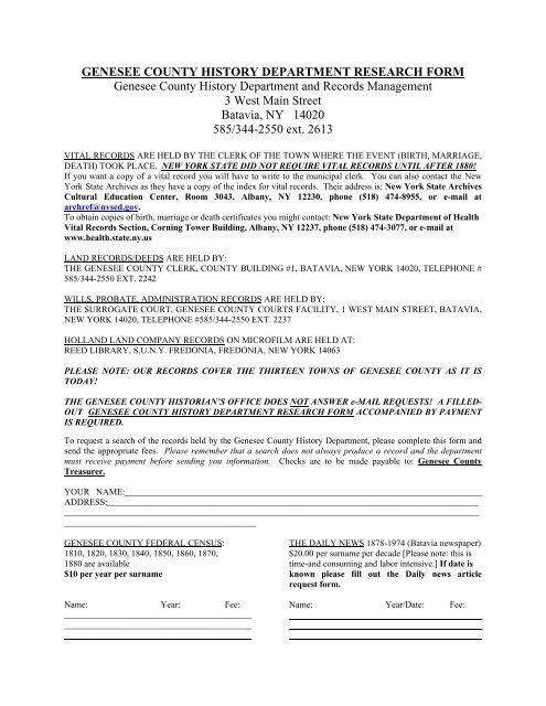 GENESEE COUNTY HISTORY DEPARTMENT RESEARCH FORM