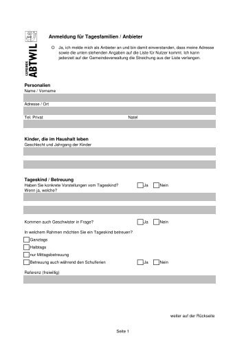 Anmeldung fÃ¼r Tagesfamilien / Anbieter - Gemeinde Abtwil AG