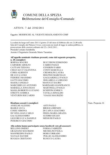 Delibera di Consiglio n. 7 del 25/02/2011 - Comune di La Spezia