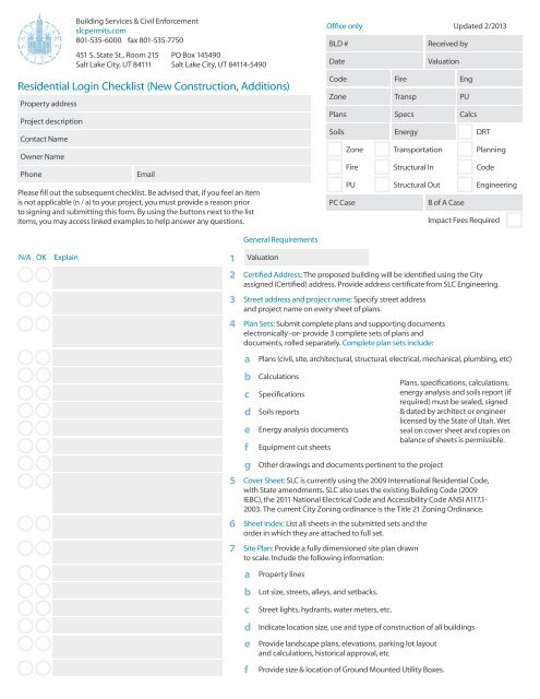 Residential Login Checklist (New Construction, Additions)