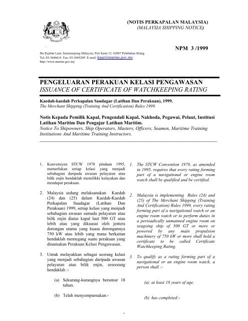 Pengeluaran Perakuan Kelasi Pengawasan Jabatan Laut Malaysia