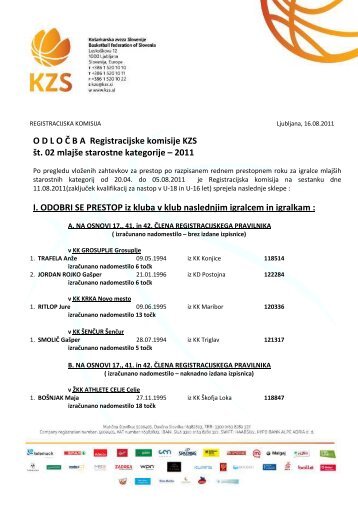 O D L O Ä B A  Registracijske komisije KZS Å¡t. 02 mlajÅ¡e starostne ...