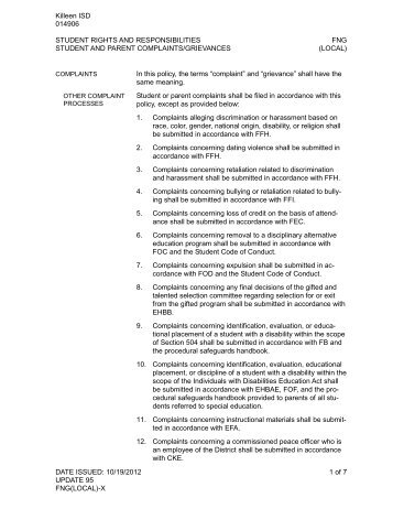 student and parent complaints/grievances