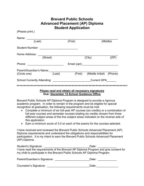 (AP) Diploma Student Application - Secondary Programs - Brevard ...