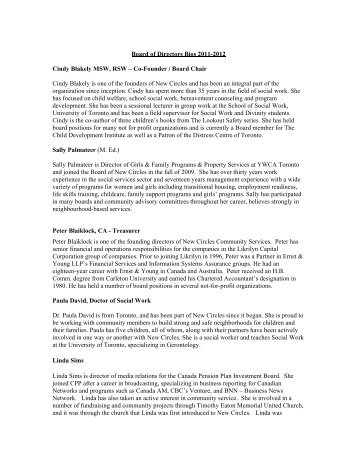 Board of Directors Bios 2011-2012 Cindy Blakely MSW, RSW Ã¢Â€Â“ Co ...