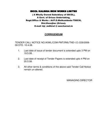 CORRIGENDUM TENDER CALL NOTICE NO.IKIWL/COM-PMT(RM ...