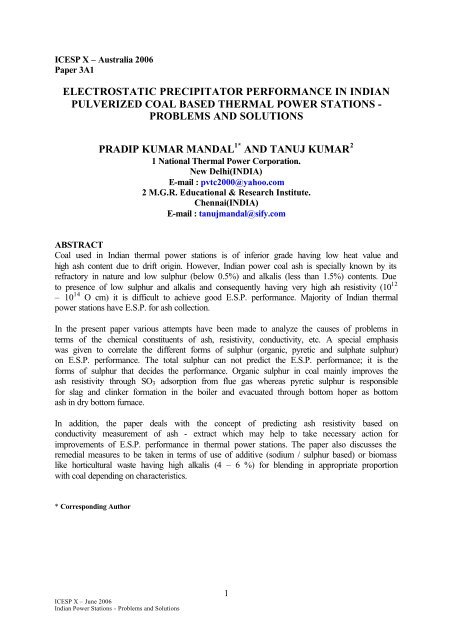 Electrostatic precipitator performance in indian pulverized coal - isesp