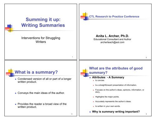 4.2 Anita Archer - SummaryWriting - Handout - Center on Teaching ...