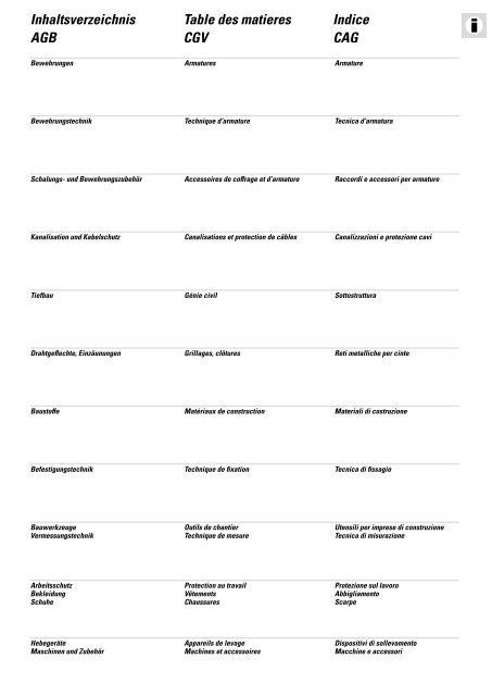 Table des matieres Indice AGB CGV CAG - Debrunner Acifer