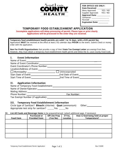 Temporary Food Establishment Application for ... - St. Louis County