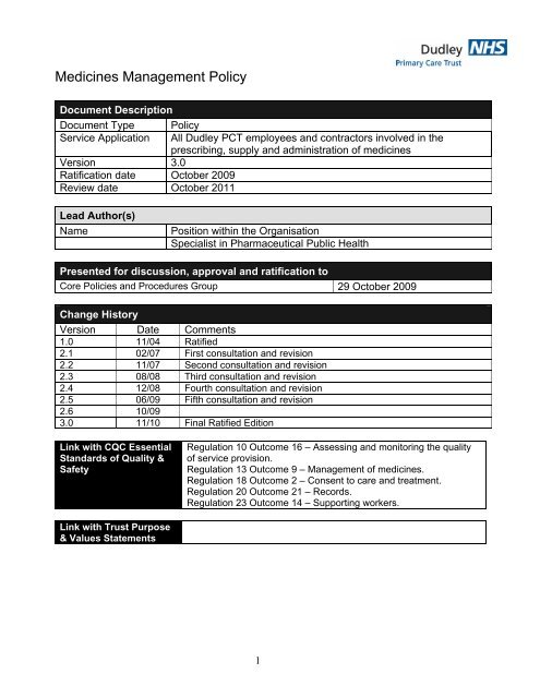 Medicines Management Policy - Dudley Primary Care Trust