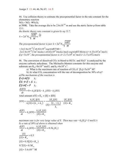 3 44. Use collision theory to estimate the preexponential factor in the ...