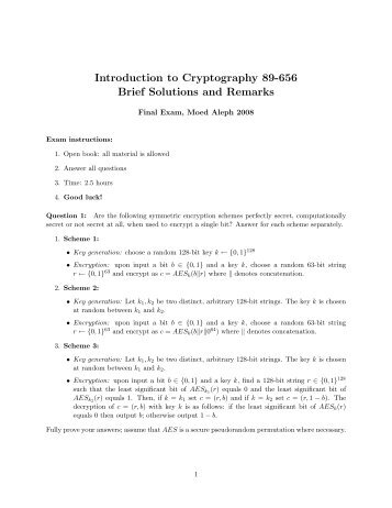 Introduction to Cryptography 89-656 Brief Solutions and Remarks