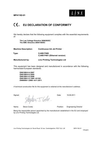 EU DECLARATION OF CONFORMITY - Linx Printing Technologies