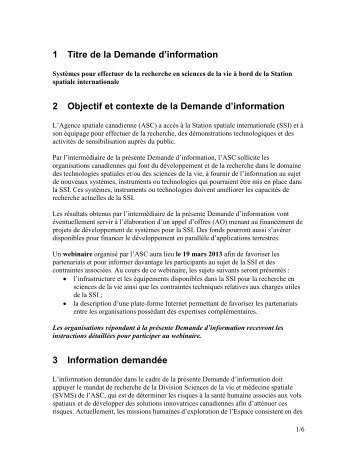 1 Titre de la Demande d'information 2 Objectif et contexte de la ...