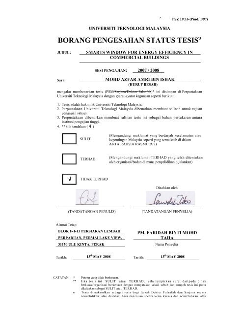 borang pengesahan status tesis - Faculty of Electrical Engineering