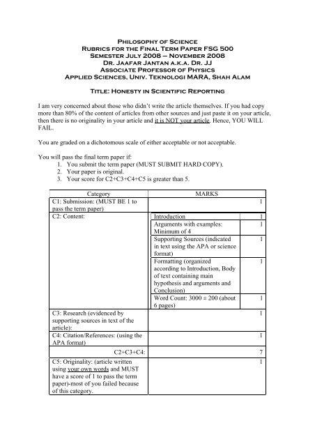 Philosophy of Science Rubrics for the Final Term Paper FSG ... - DrJJ