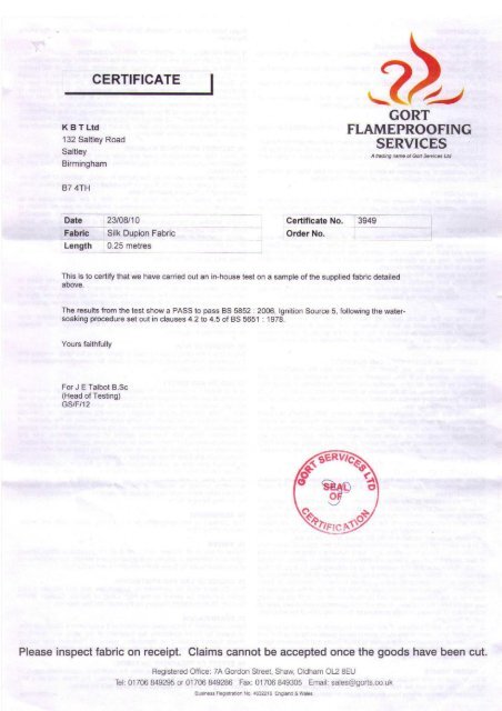 CERTIFICATE Fire Retardant Fabric Spray CERTIFICATE Fire Retardant Fabric Spray
