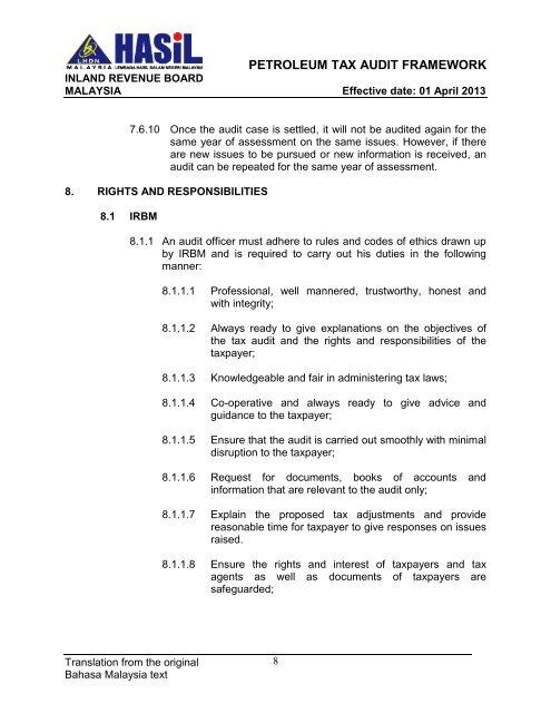 IRB Tax Audit Framework 2013_Tax Audit, Petroleum Tax Audit ...