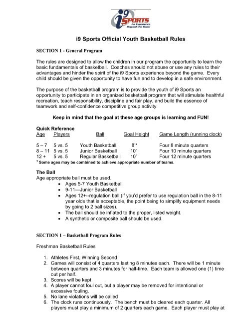 i9 Sports Official Youth Basketball Rules