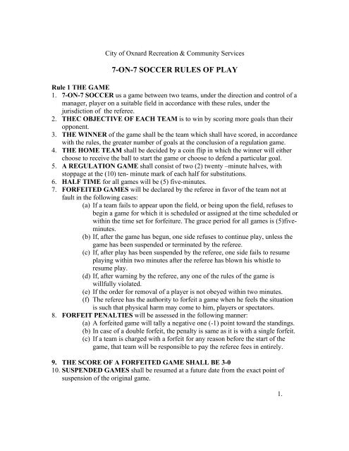 7-ON-7 Soccer Youth Rules - Recreation and Community Services