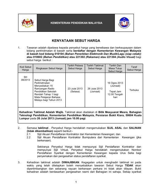 Sebut Harga Bagi Perkhidmatan Menyediakan 15 Rancangan