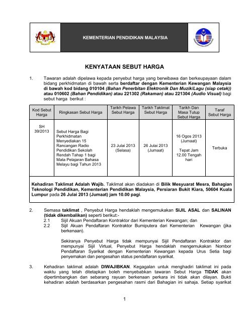 Sebut Harga Bagi Perkhidmatan Menyediakan 15 Rancangan ...