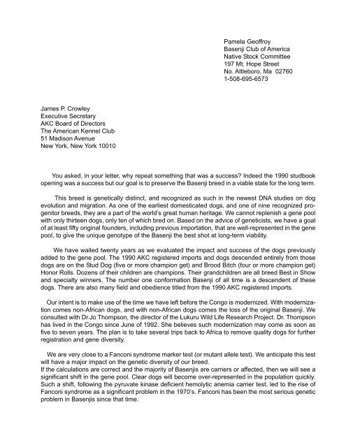 Follow up letter to AKC from BCOA - the Basenji Club of America