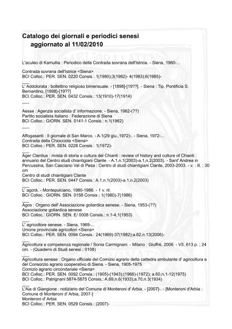Catalogo dei giornali e periodici senesi - Biblioteca Comunale degli ...