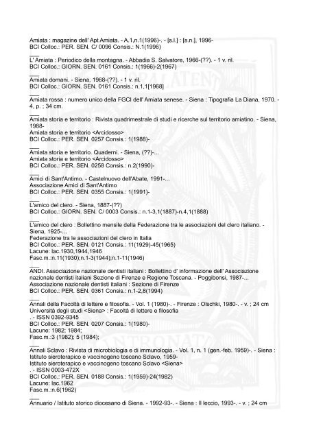 Catalogo dei giornali e periodici senesi - Biblioteca Comunale degli ...