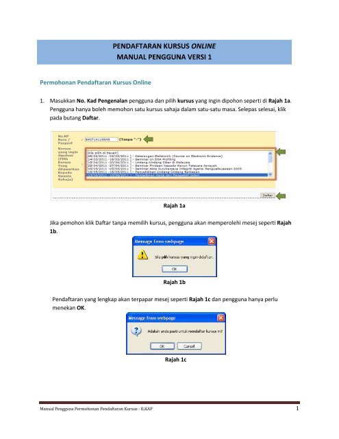 PENDAFTARAN KURSUS ONLINE MANUAL PENGGUNA VERSI 1