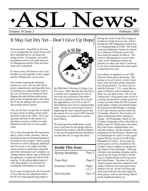 té Contra la voluntad vena Spring 2007 newsletter.pub - Albuquerque Soccer League