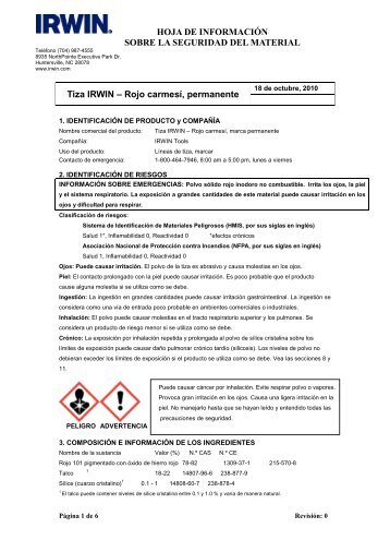 MATERIAL SAFETY DATA SHEET - Irwin Tools