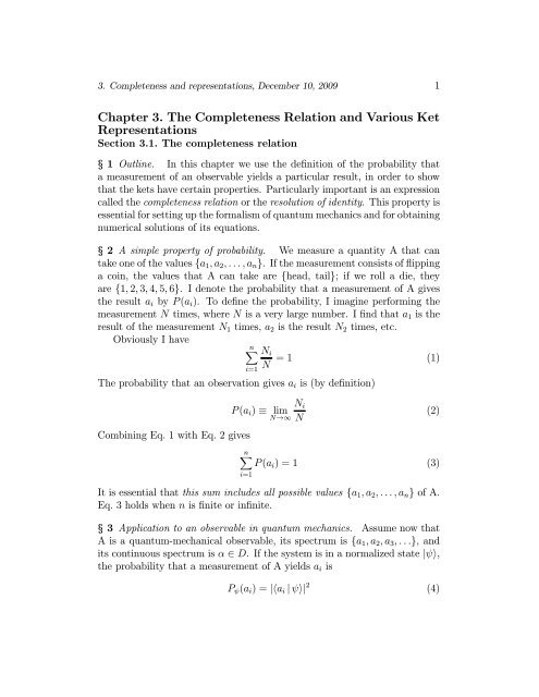 Chapter 3. The Completeness Relation and Various Ket ...