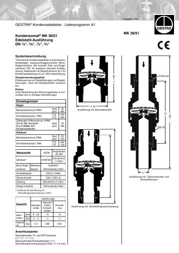 GESTRA® Kondensatableiter · Lieferprogramm A1 MK 36/51 ...