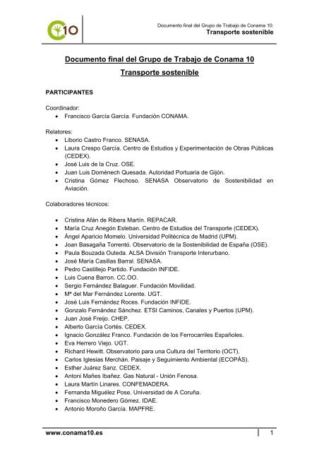 Documento final del Grupo de Trabajo de Conama 10 Transporte ...